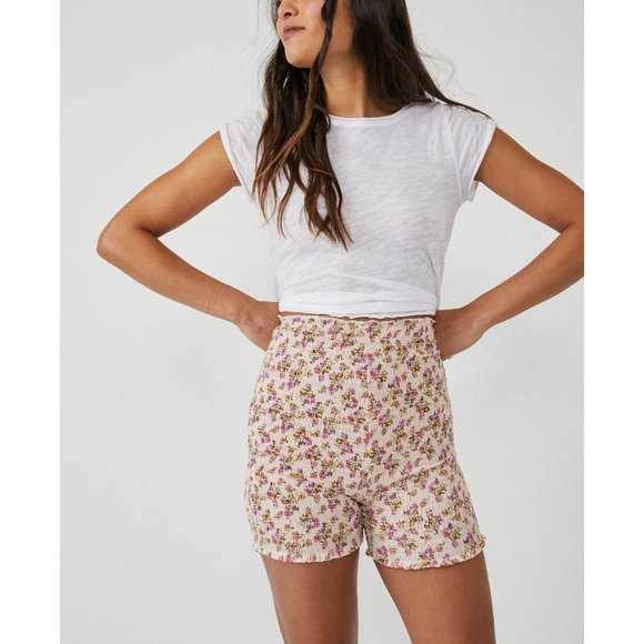 FREE PEOPLE FP One Maia Smocked Shorts / Pink Combo - Picture 9 of 10